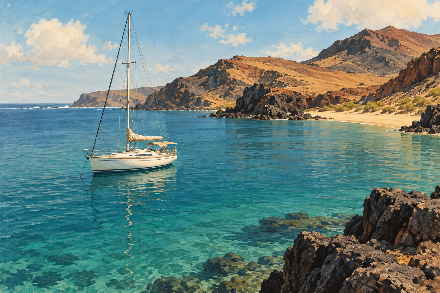 Illustration einer Segelyacht vor Anker an einer vulkanischen Küste der Kanarischen Inseln.