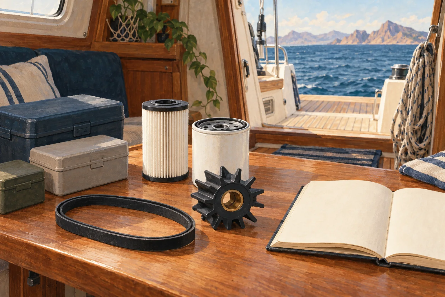 Illustration von Bootsersatzteilen, Aufbewahrungsboxen und einem Notizbuch auf einem Yachttisch