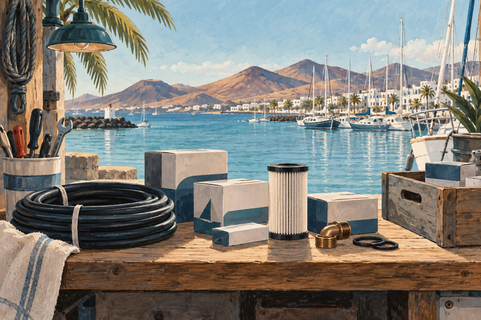 Illustration einer Marina und nautischer Ersatzteilvorräte