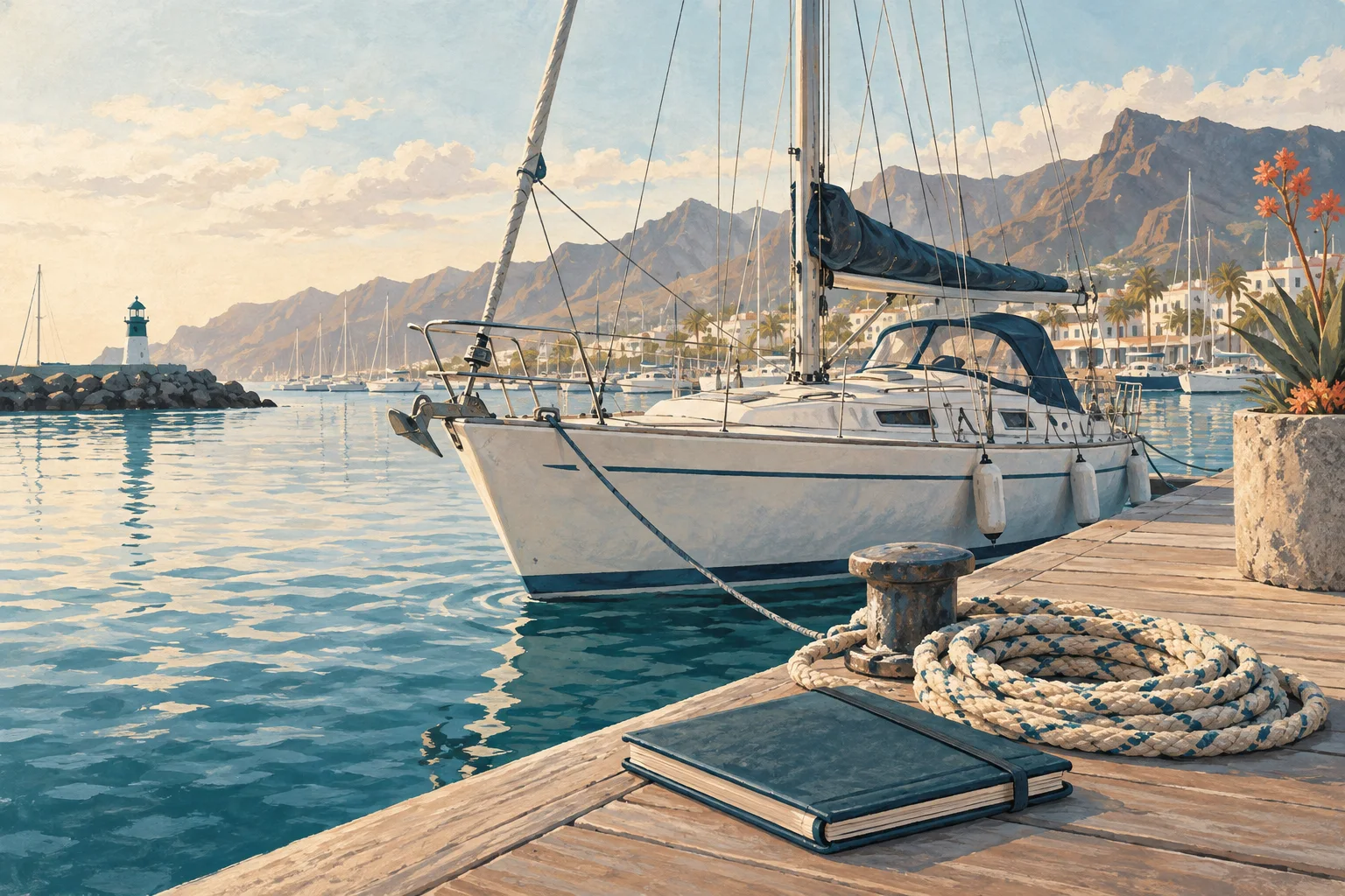 Illustration eines Segelboots bei den Vorbereitungen im Hafen